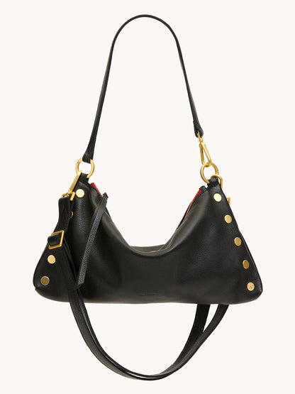 Introducing the Hammitt Los Angeles Kyle Medium Shoulder Bag in Black/Brushed Gold/Red Zip: crafted in black pebble leather with gold hardware, red zip lining, and a detachable strap for crossbody or shoulder wear.