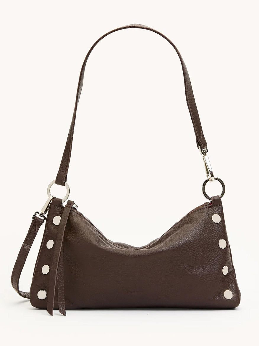 The Hammitt Los Angeles Kyle Shoulder Bag in Espresso Pebble/Silver features dark brown pebble leather, silver studs, a detachable crossbody strap, and zipper closure in a sleek, minimalist design.