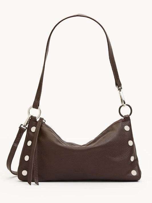 The Hammitt Los Angeles Kyle Shoulder Bag in Espresso Pebble/Silver features dark brown pebble leather, silver studs, a detachable crossbody strap, and zipper closure in a sleek, minimalist design.