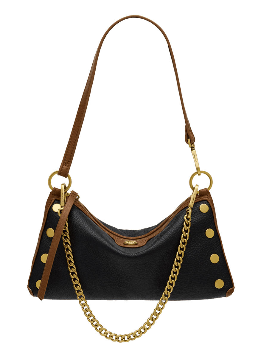 The Hammitt Los Angeles Kyle Shoulder Bag in East End/Antique Gold features black pebbled leather with brown accents, a gold chain strap, gold rivet detailing, and a secure zipper closure—designed for versatile styling as either a crossbody or chic wristlet—shown against a white background.