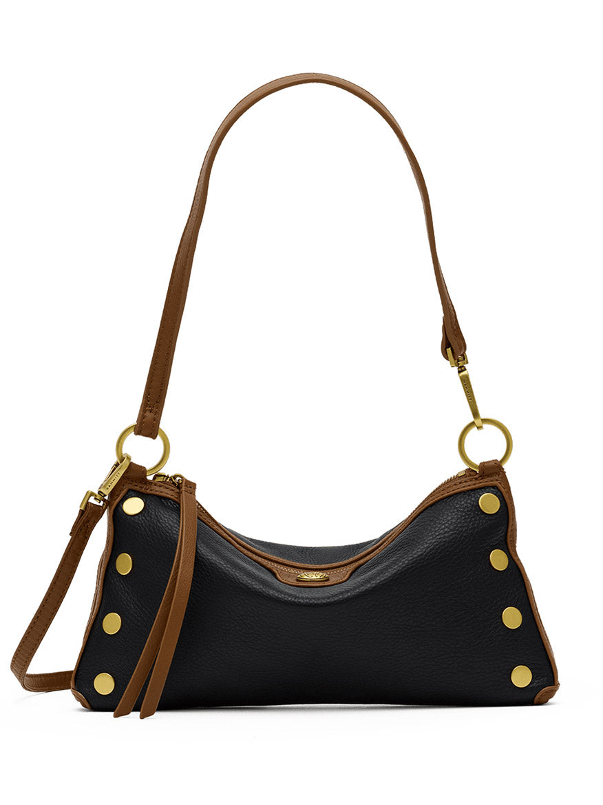 The Hammitt Los Angeles Kyle Shoulder Bag in East End/Antique Gold features black pebbled leather with brown trim, gold-tone stud accents, and two brown straps, displayed against a white background.