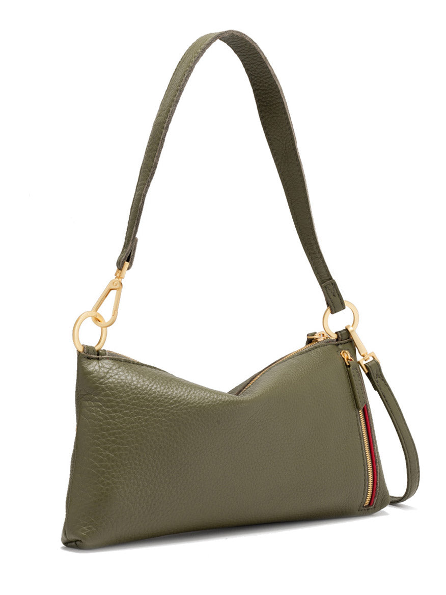 The Hammitt Los Angeles Kyle Shoulder Bag in Olive/Brushed Gold features pebble leather, gold hardware, a detachable strap for crossbody or wristlet use, and a small side zipper pocket.