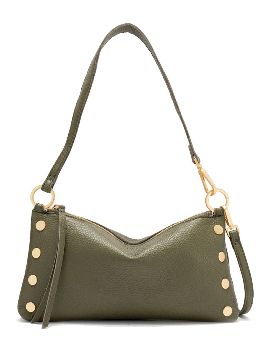 The Hammitt Los Angeles Kyle Shoulder Bag in Olive/Brushed Gold features pebble leather, gold stud accents, a wrist strap, detachable shoulder strap, and a zippered top for versatile style.