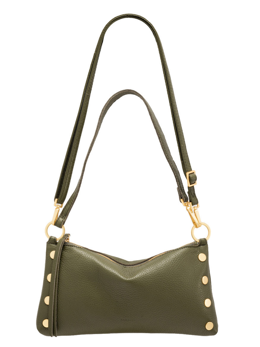 The Hammitt Los Angeles Kyle Shoulder Bag in Olive/Brushed Gold features pebble leather, gold hardware, two straps, and gold studs along the sides.