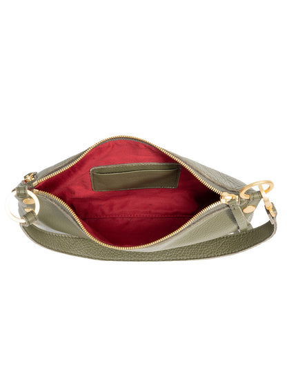 The Hammitt Los Angeles Kyle Shoulder Bag in Olive/Brushed Gold features green pebble leather, a gold zipper, a red fabric interior, and a small inner pocket.