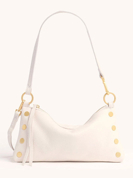 The Hammitt Los Angeles Kyle Shoulder Bag in Calla Lily White/Brushed Gold is crafted from pebbled leather with gold studs, a zip closure, and an adjustable crossbody strap for versatile wear.