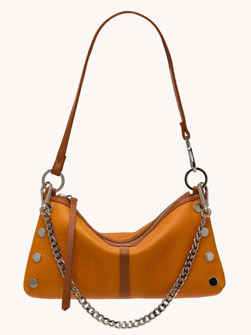 The Hammitt Los Angeles Kyle Shoulder Bag in Tailored Tangerine/Silver features leather construction, silver grommet accents, a zipper closure, a leather shoulder strap, and a decorative silver chain.