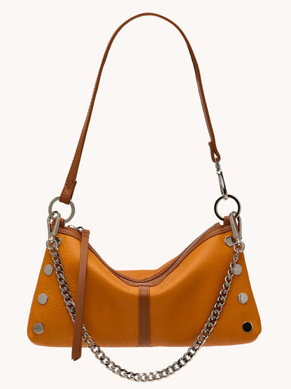 The Hammitt Los Angeles Kyle Shoulder Bag in Tailored Tangerine/Silver features leather construction, silver grommet accents, a zipper closure, a leather shoulder strap, and a decorative silver chain.