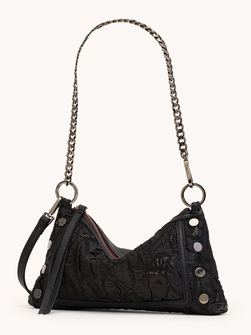 The Hammitt Los Angeles Kyle Shoulder Bag in Midnight Marquise/Gunmetal features a black textured finish, silver chain strap, side zipper pull, and metallic button details along the edge, shown against a plain background.