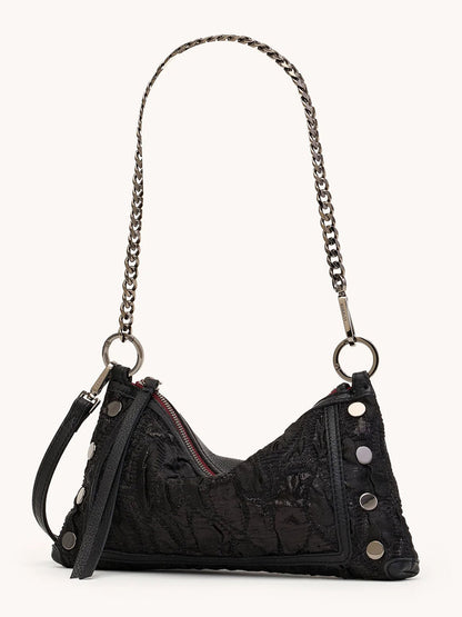 The Hammitt Los Angeles Kyle Shoulder Bag in Midnight Marquise/Gunmetal features a black textured finish, silver chain strap, side zipper pull, and metallic button details along the edge, shown against a plain background.