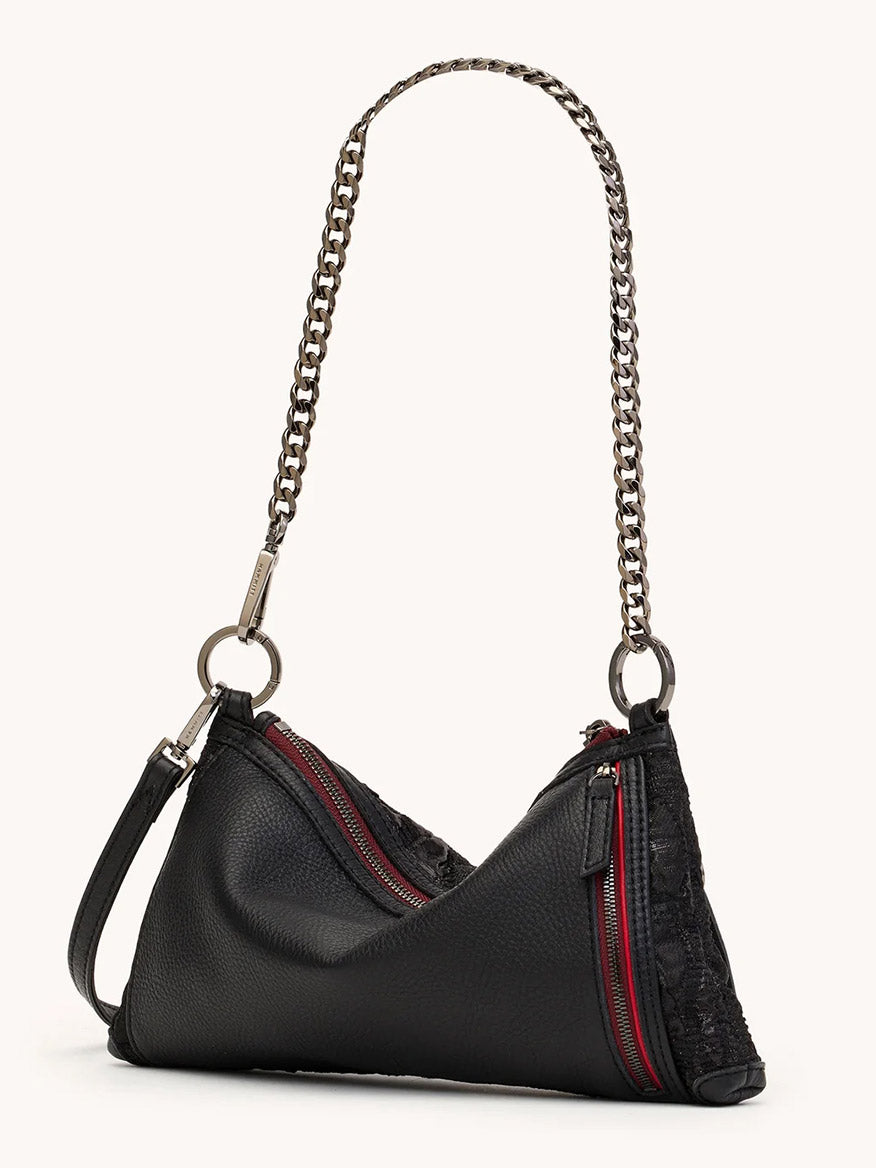 The Hammitt Los Angeles Kyle Shoulder Bag in Midnight Marquise/Gunmetal features a black leather design, textured side panels, a striking red zipper, and a sleek silver chain shoulder strap.