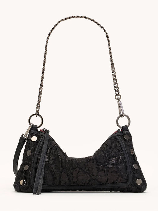 The Hammitt Los Angeles Kyle Shoulder Bag in Midnight Marquise/Gunmetal features a textured black jacquard finish, silver chain strap, metal studs, and zipper closure—an ideal stylish crossbody for any occasion.