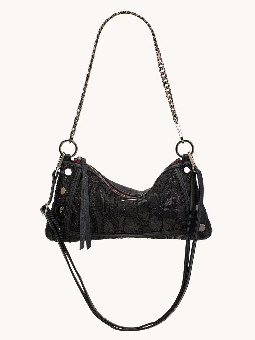 The Hammitt Los Angeles Kyle Shoulder Bag in Midnight Marquise/Gunmetal features a black jacquard design, silver chain shoulder strap, extra black leather crossbody strap, side grommets, and a top zipper closure.