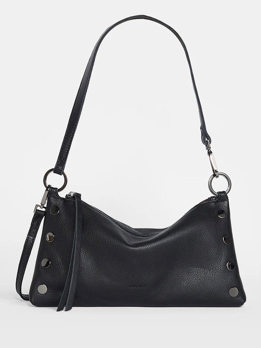 The Hammitt Los Angeles Kyle Shoulder Bag in black is a versatile handbag crafted from pebbled leather, adorned with silver-tone hardware. It features a short strap, stud detailing, and a zipper closure.