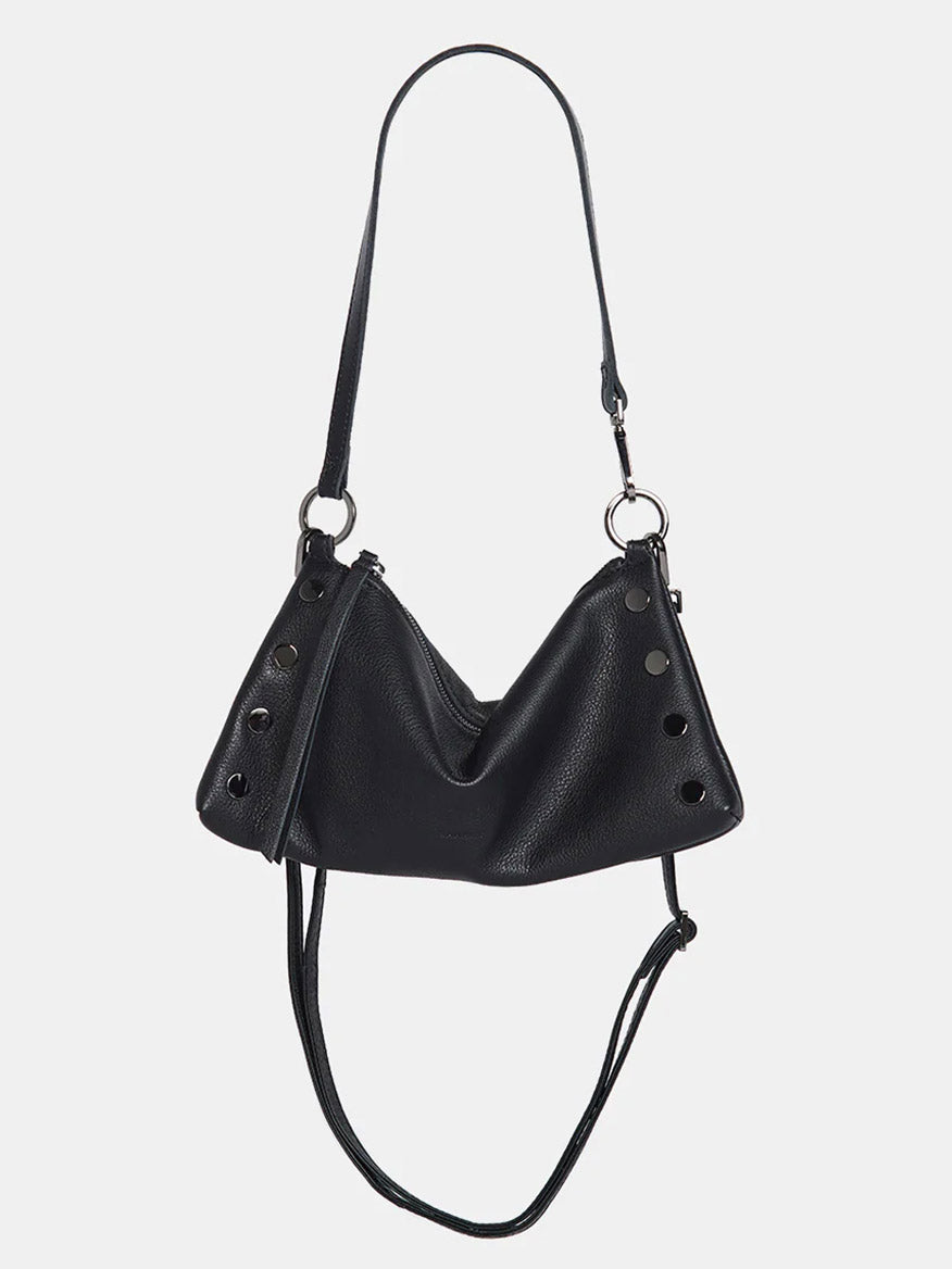 The Hammitt Los Angeles Kyle Shoulder Bag in Black is a versatile accessory with a triangular shape, featuring striking grommet details and an adjustable crossbody strap made from pebbled leather.