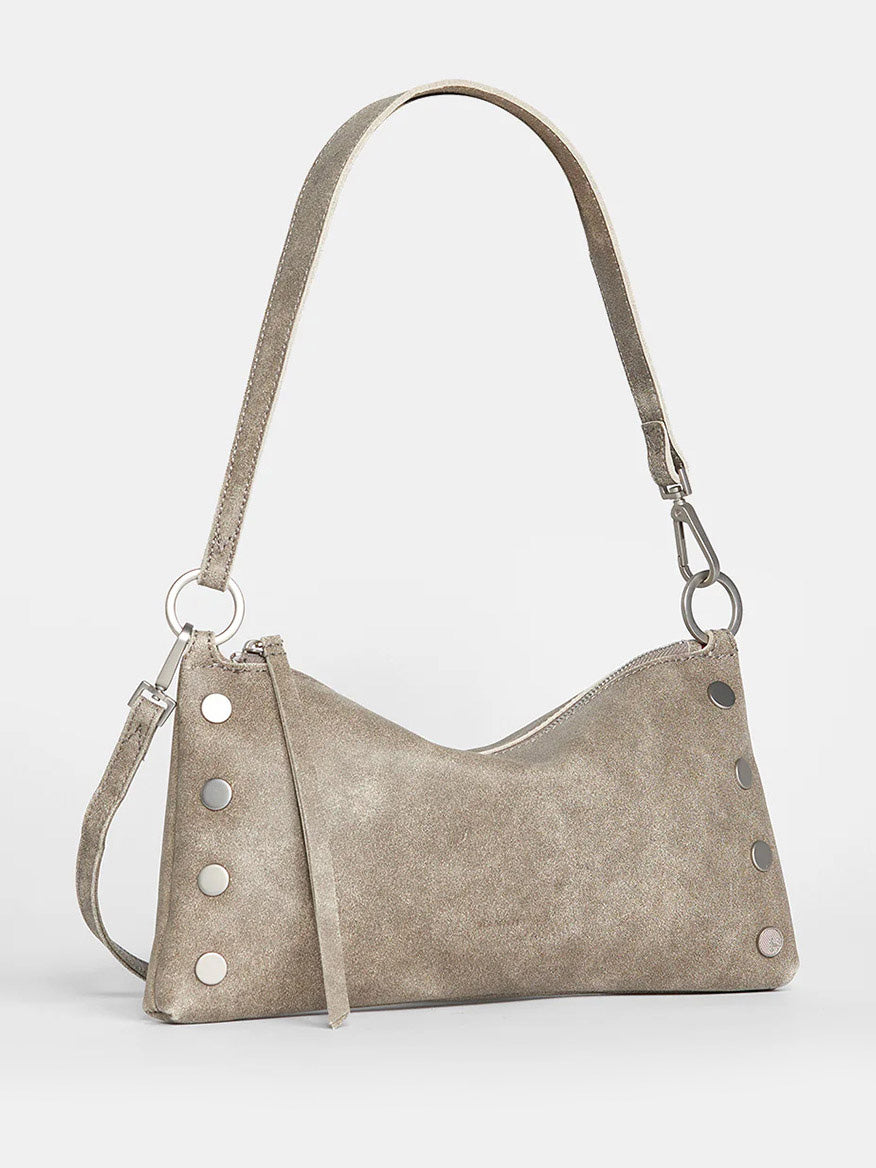 A Hammitt Los Angeles Kyle Shoulder Bag in Pewter, featuring metallic studs along the edges and a zipper closure.