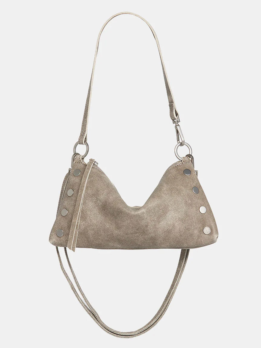 A Hammitt Los Angeles Kyle Shoulder Bag in Pewter, featuring a crossbody strap and small metal stud accents, is shown against a white background.