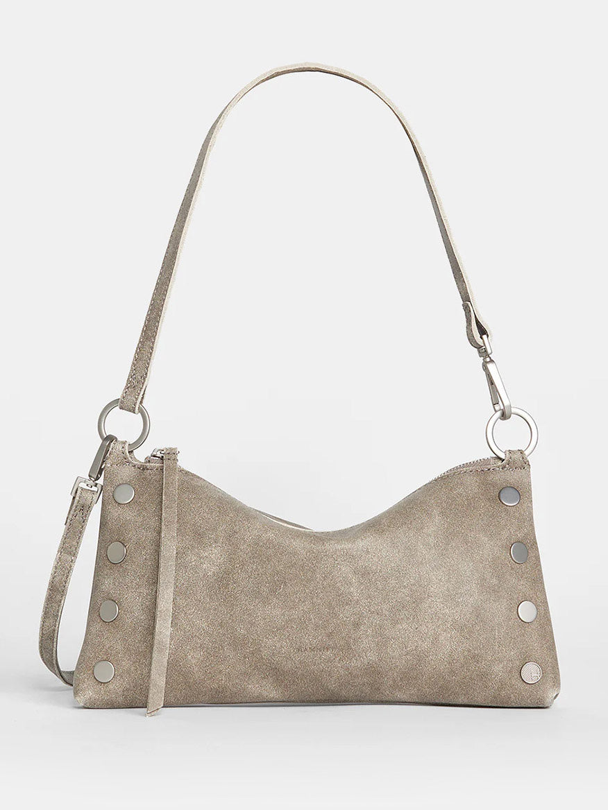 A fresh Hammitt Los Angeles Kyle Shoulder Bag in Pewter, featuring a zipper closure, small round studs on both sides, and a convenient crossbody strap.