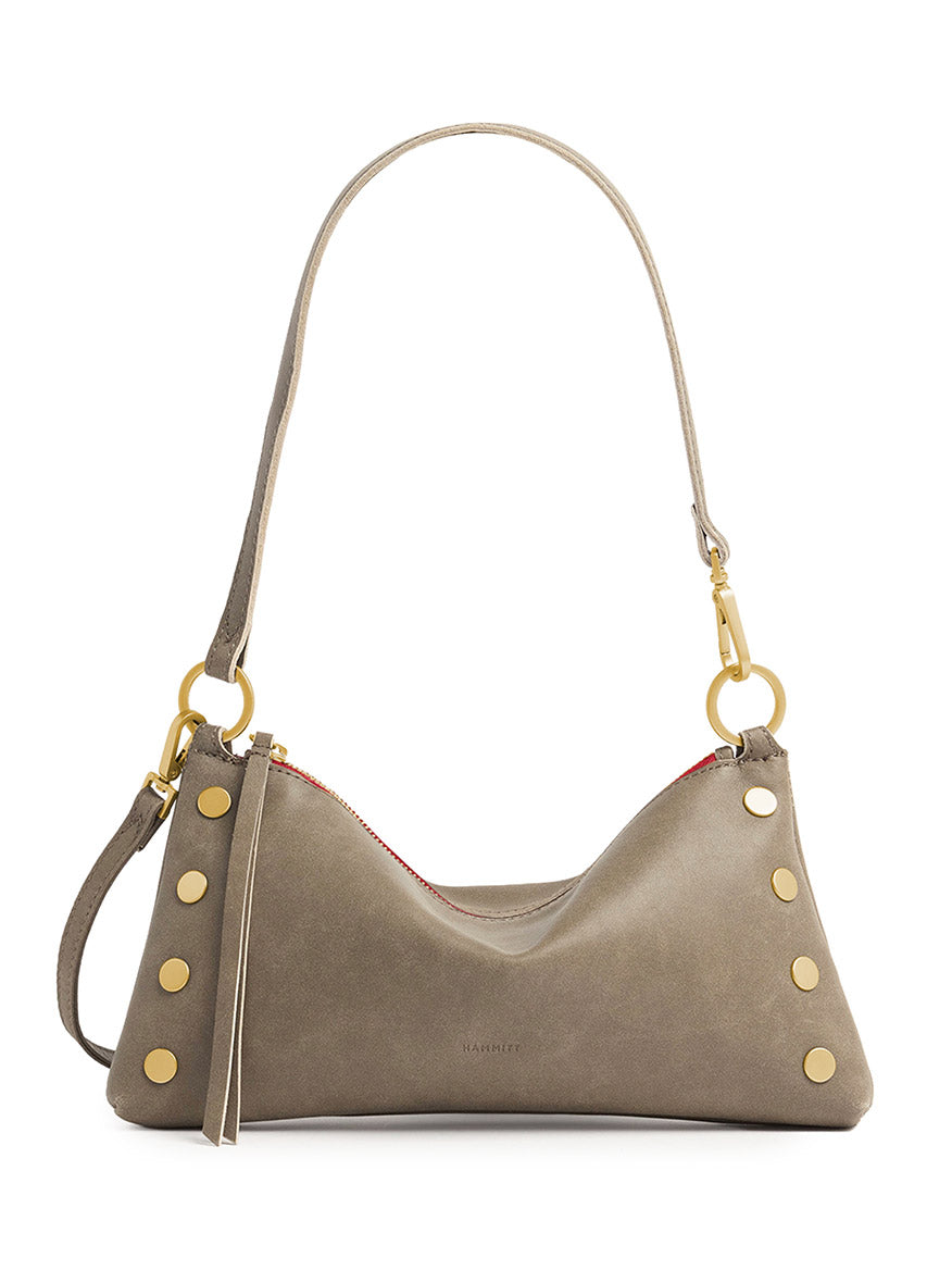 The Hammitt Los Angeles Kyle Shoulder Bag in Pewter/Brushed Gold/Red Zip—a versatile convertible shoulder bag featuring a pewter hue with brushed gold accents, a shoulder strap, zipper closure, and minimalist design—is photographed on a white background.