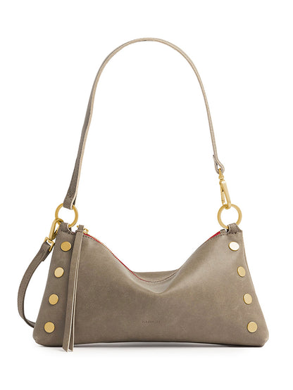 The Hammitt Los Angeles Kyle Shoulder Bag in Pewter/Brushed Gold/Red Zip—a versatile convertible shoulder bag featuring a pewter hue with brushed gold accents, a shoulder strap, zipper closure, and minimalist design—is photographed on a white background.