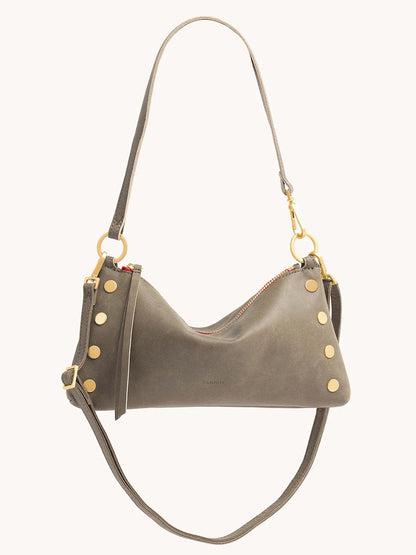 Hammitt Los Angeles Kyle Shoulder Bag in Pewter/Brushed Gold/Red Zip, featuring pewter leather with brushed gold accents and hardware, a red zip closure, and an adjustable shoulder strap, photographed against a plain light background.