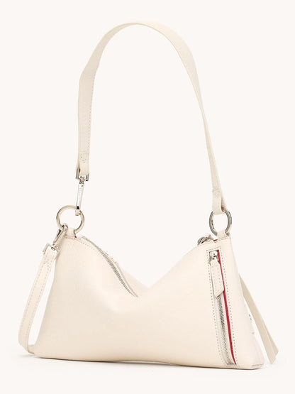 The Hammitt Los Angeles Kyle Shoulder Bag in Western Rein/Silver features white pebble leather, a single shoulder strap, two silver zippers, and a minimalist design, shown against a plain background.