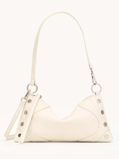 The Hammitt Los Angeles Kyle Shoulder Bag in Western Rein/Silver is a small off-white pebble leather bag featuring a short strap and silver circular studs along the sides for a chic accent.