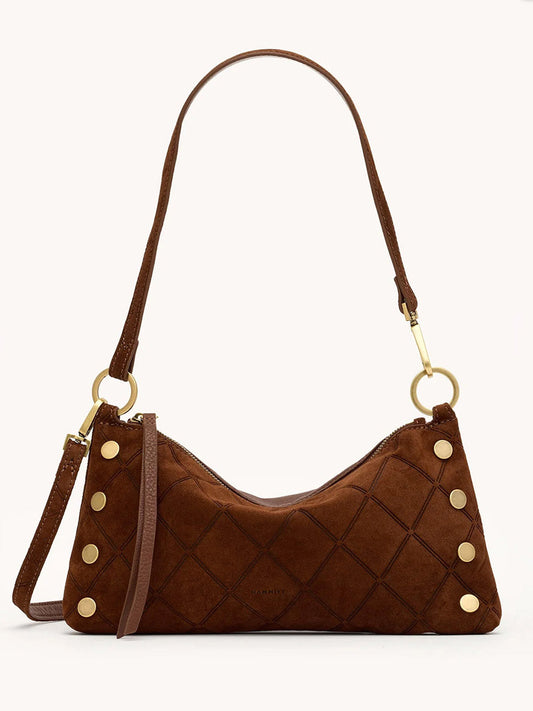 The Hammitt Los Angeles Kyle Shoulder Bag in Chocolate Diamond Suede/Antique Gold, featuring gold stud accents, a zippered top, and two brown straps, is displayed against a plain background.
