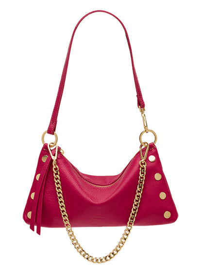 The Hammitt Los Angeles Kyle Shoulder Bag in Calypso Pebble/Gold is crafted from vibrant fuchsia pebbled leather and adorned with gold chain and button accents. Featuring a matching shoulder strap, this versatile accessory seamlessly shifts from a classic handbag to a convenient crossbody or wristlet—all beautifully displayed against a white background.