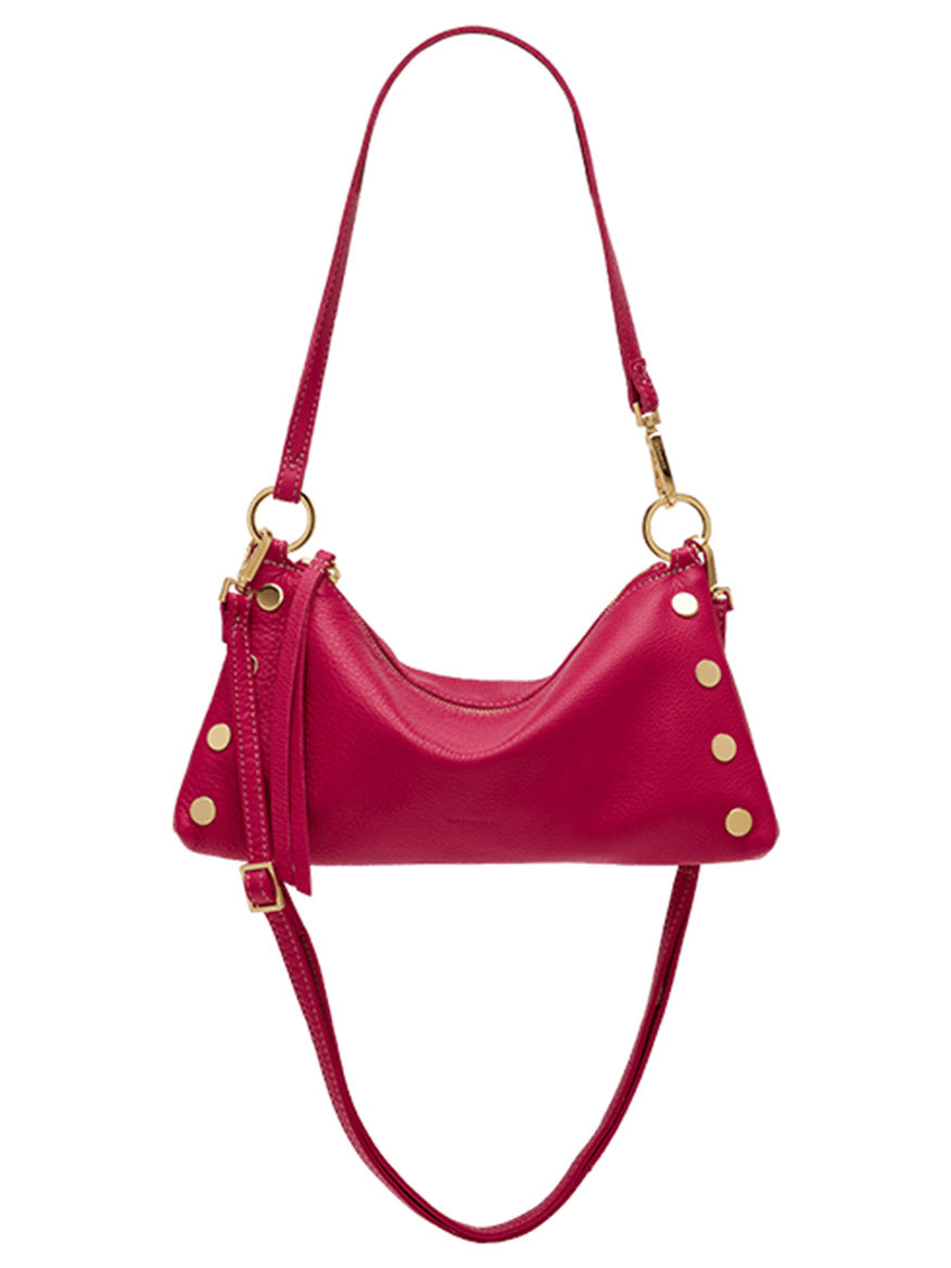 The Hammitt Los Angeles Kyle Shoulder Bag in Calypso Pebble/Gold, featuring fuchsia pebbled leather, gold rivet accents, dual straps, and gold hardware, is displayed against a plain white background.