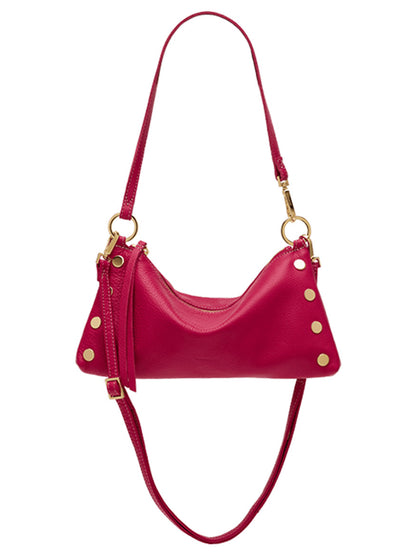 The Hammitt Los Angeles Kyle Shoulder Bag in Calypso Pebble/Gold, featuring fuchsia pebbled leather, gold rivet accents, dual straps, and gold hardware, is displayed against a plain white background.