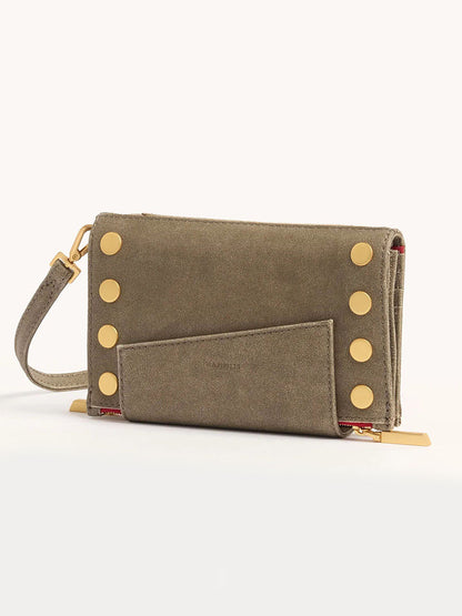 The Hammitt Los Angeles Levy Clutch in Pewter is a pewter clutch with gold button embellishments and a removable adjustable strap, effortlessly turning it into a stylish crossbody bag.