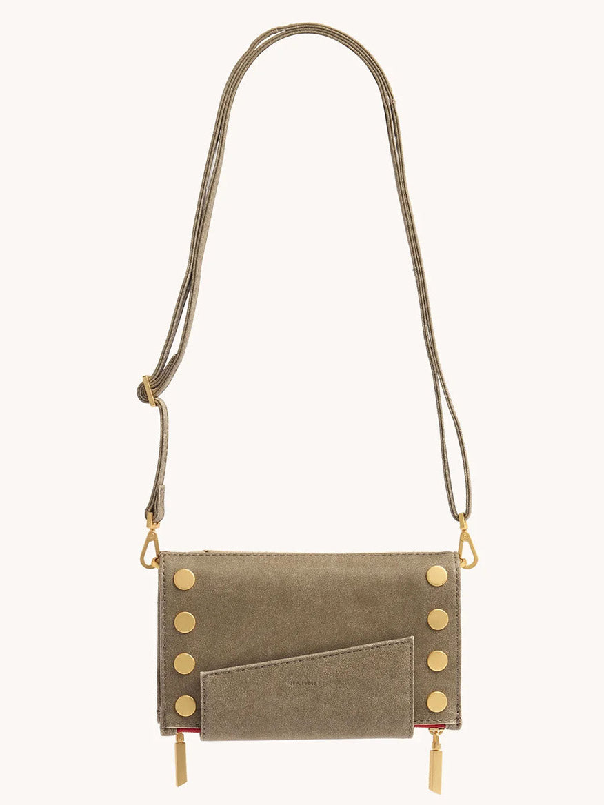 The Hammitt Los Angeles Levy Clutch in Pewter is a compact, olive green suede crossbody bag with gold studs and a stylish, removable adjustable strap for versatile styling.