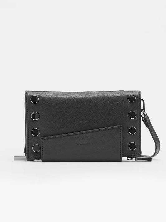 A Hammitt Los Angeles Levy Clutch in Black with metal eyelet details, an attached wrist strap, and organizational wallet features.