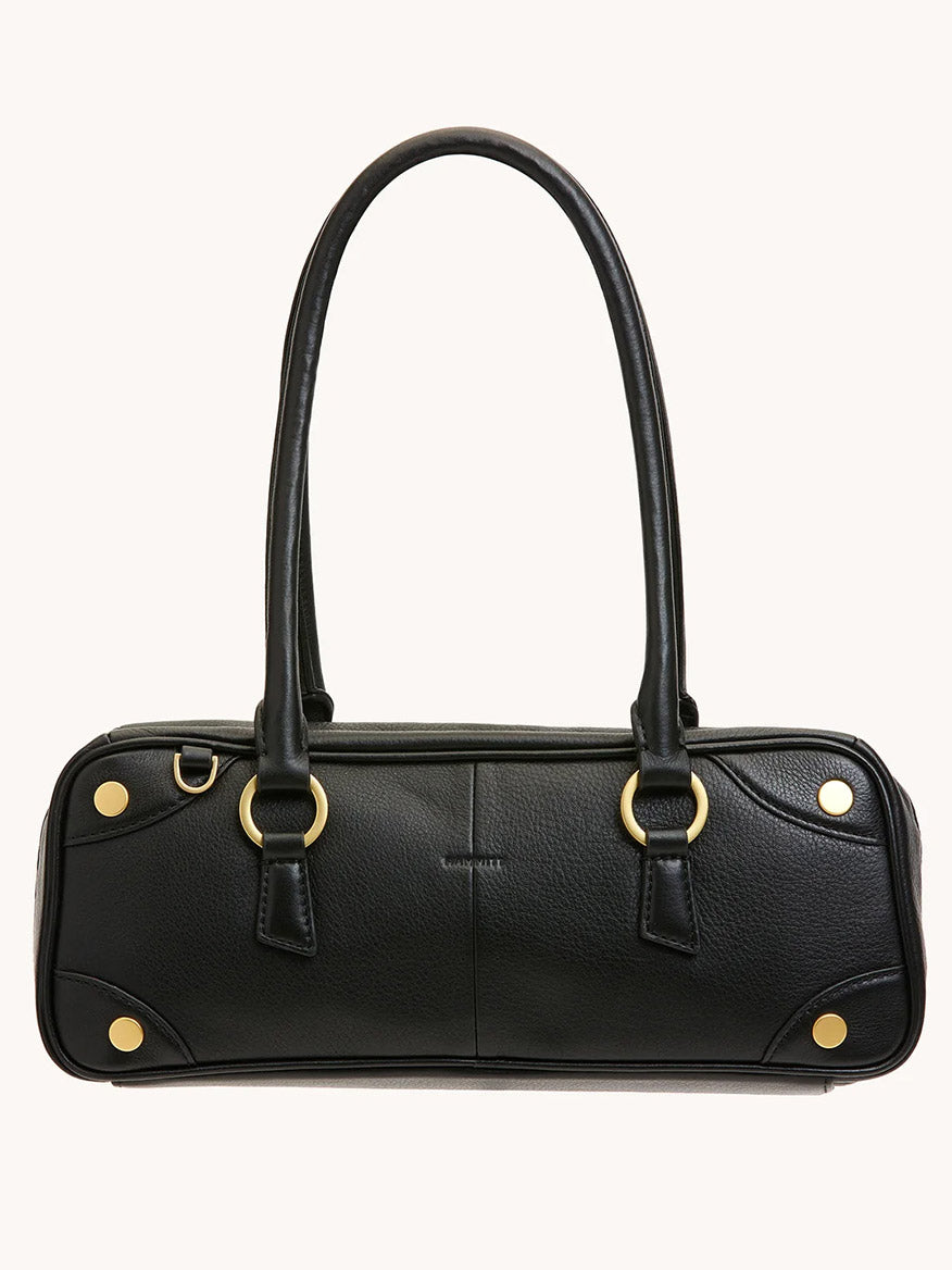 The Hammitt Los Angeles Meredith Small in Black/Brushed Gold is a rectangular pebble leather handbag with dual handles, gold-tone hardware, and visible stitching, designed in a doctor-style bowling bag silhouette.