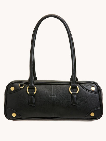 The Hammitt Los Angeles Meredith Small in Black/Brushed Gold is a rectangular pebble leather handbag with dual handles, gold-tone hardware, and visible stitching, designed in a doctor-style bowling bag silhouette.