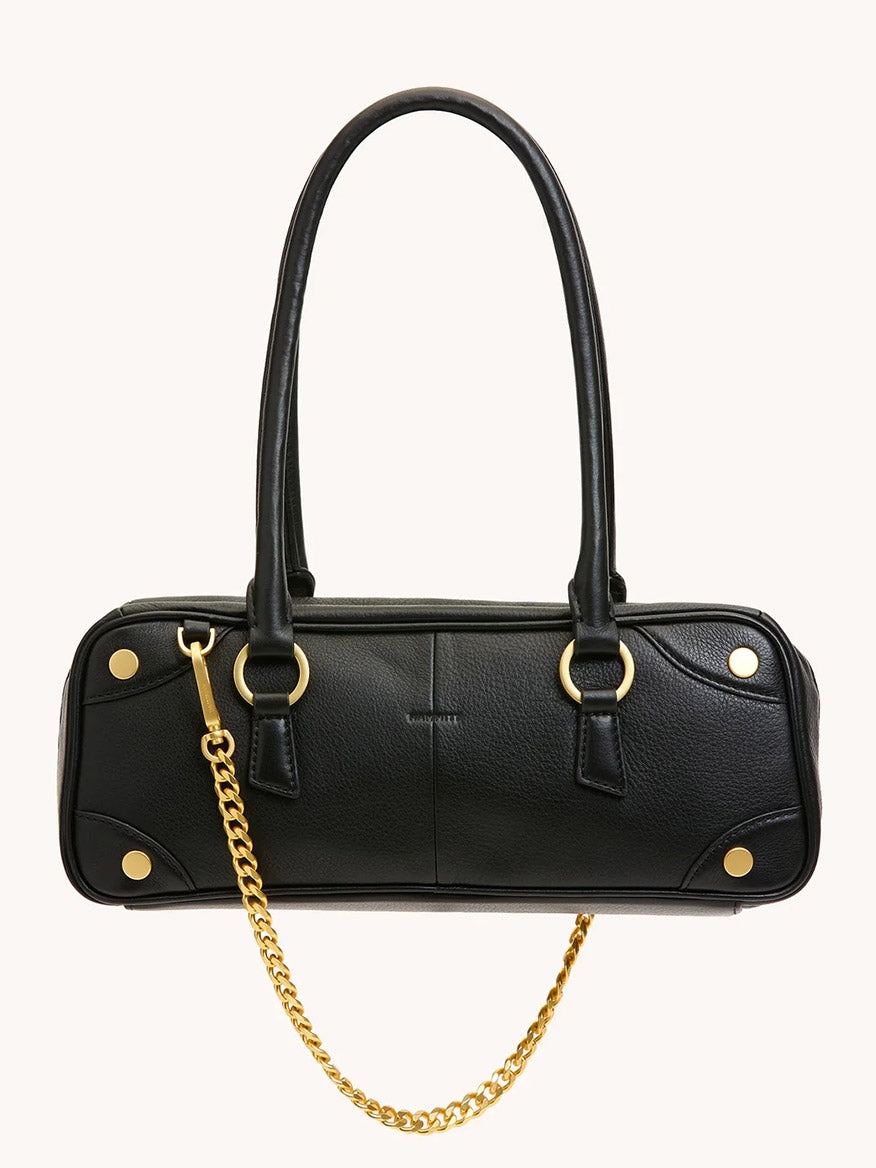 The Hammitt Los Angeles Meredith Small in Black/Brushed Gold is a rectangular pebble leather handbag with two handles, gold metal accents, and a gold chain detail, featuring an elegant doctor-style shape for practicality and style.