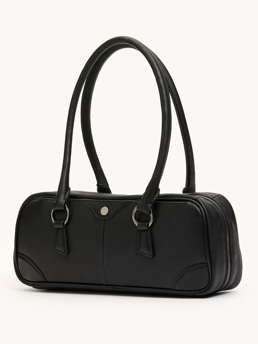 The Hammitt Los Angeles Meredith Small in Black/Gunmetal is a black pebble leather doctor-style handbag with two long handles, gunmetal hardware, and a zippered main compartment, shown against a plain background.