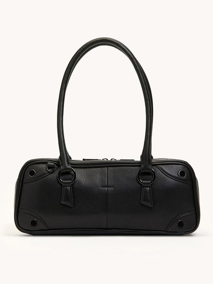 The Hammitt Los Angeles Meredith Small in Black/Gunmetal is a doctor-style pebble leather bowling bag with two long handles and minimal hardware, shown against a plain light background.