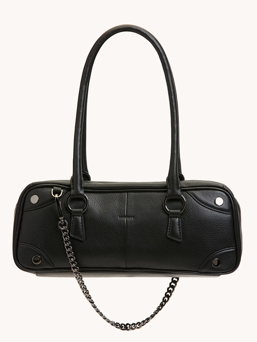 The Hammitt Los Angeles Meredith Small in Black/Gunmetal is a rectangular crossbody handbag with pebble leather, two shoulder straps, metal chain detail, and silver hardware, shown against a plain background.