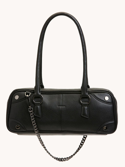 The Hammitt Los Angeles Meredith Small in Black/Gunmetal is a rectangular crossbody handbag with pebble leather, two shoulder straps, metal chain detail, and silver hardware, shown against a plain background.
