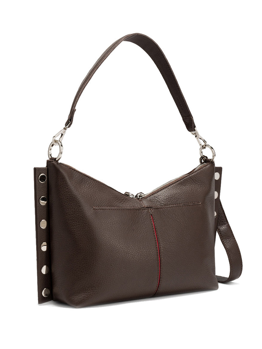The Hammitt Los Angeles Mr. G Medium in Espresso Pebble/Silver is a brown pebble leather bag with a short handle, silver hardware, zip closure, and metal studs—ideal for everyday use.