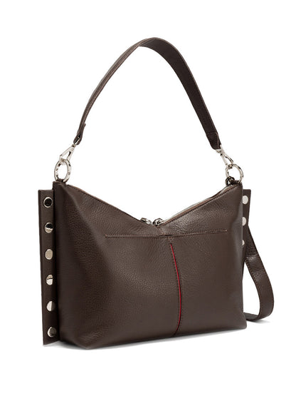 The Hammitt Los Angeles Mr. G Medium in Espresso Pebble/Silver is a brown pebble leather bag with a short handle, silver hardware, zip closure, and metal studs—ideal for everyday use.