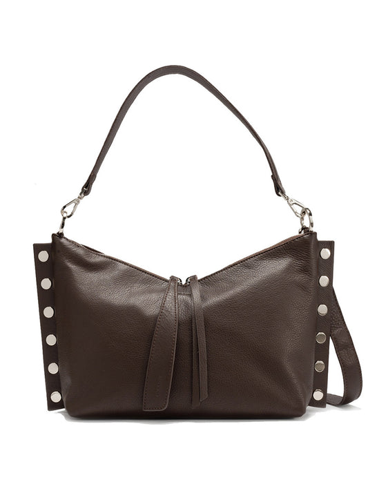 The Hammitt Los Angeles Mr. G Medium in Espresso Pebble/Silver is a chic dark brown leather bag with a single shoulder strap, side silver studs, and a zip closure with twin leather tassels—ideal for everyday use.