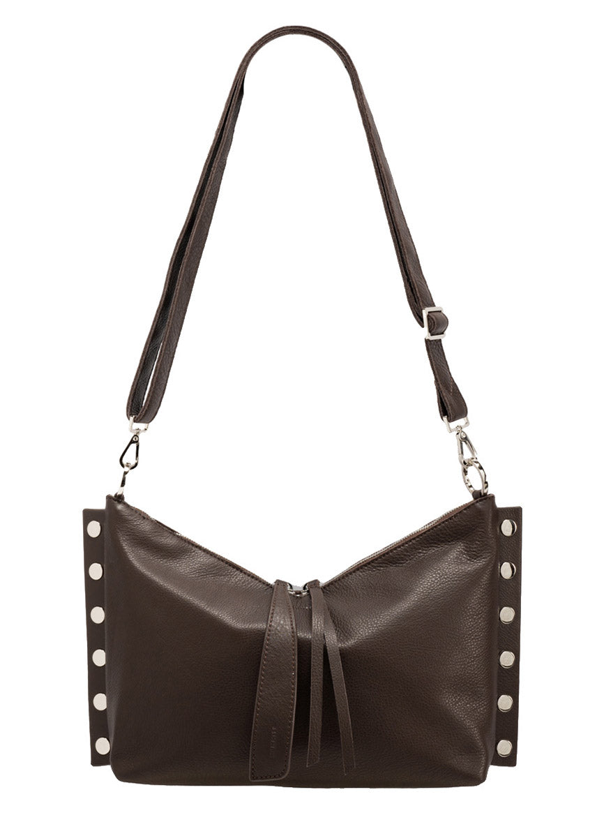 The Hammitt Los Angeles Mr. G Medium in Espresso Pebble/Silver features dark brown pebble leather, silver rivets, an adjustable crossbody strap, and a zipper closure—an ideal choice for your everyday bag.