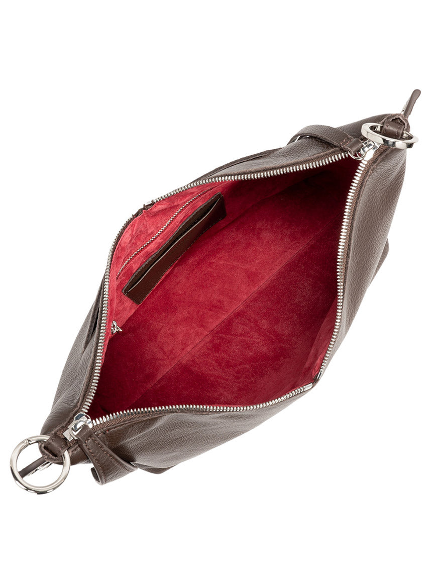 The Hammitt Los Angeles Mr. G Medium in Espresso Pebble/Silver features brown pebble leather, a silver zipper, a red suede interior with an inner pocket—an elegant, functional bag for everyday use.