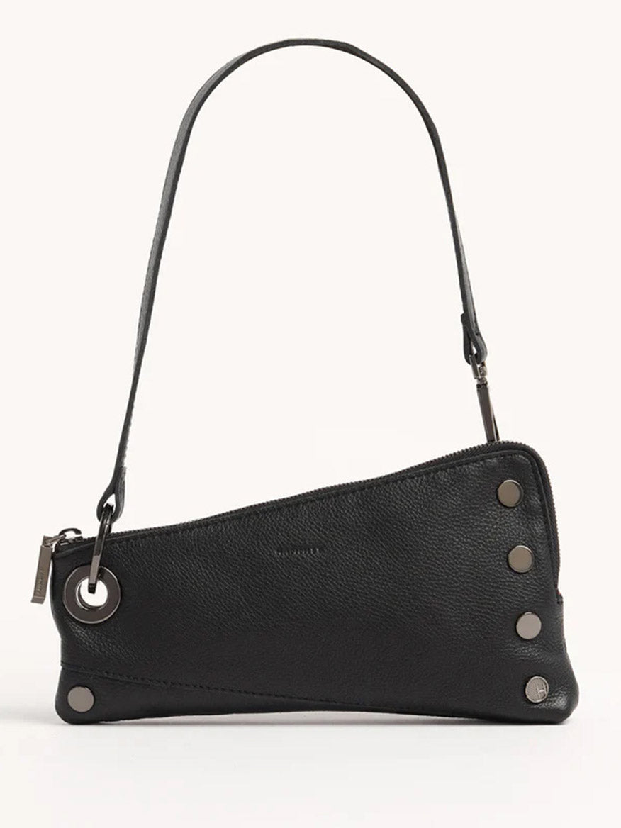 The Hammitt Los Angeles Nash Pochette in Black/Gunmetal showcases a striking asymmetrical design, crafted from luxurious black pebbled leather. It features a single strap with elegant gunmetal button accents.