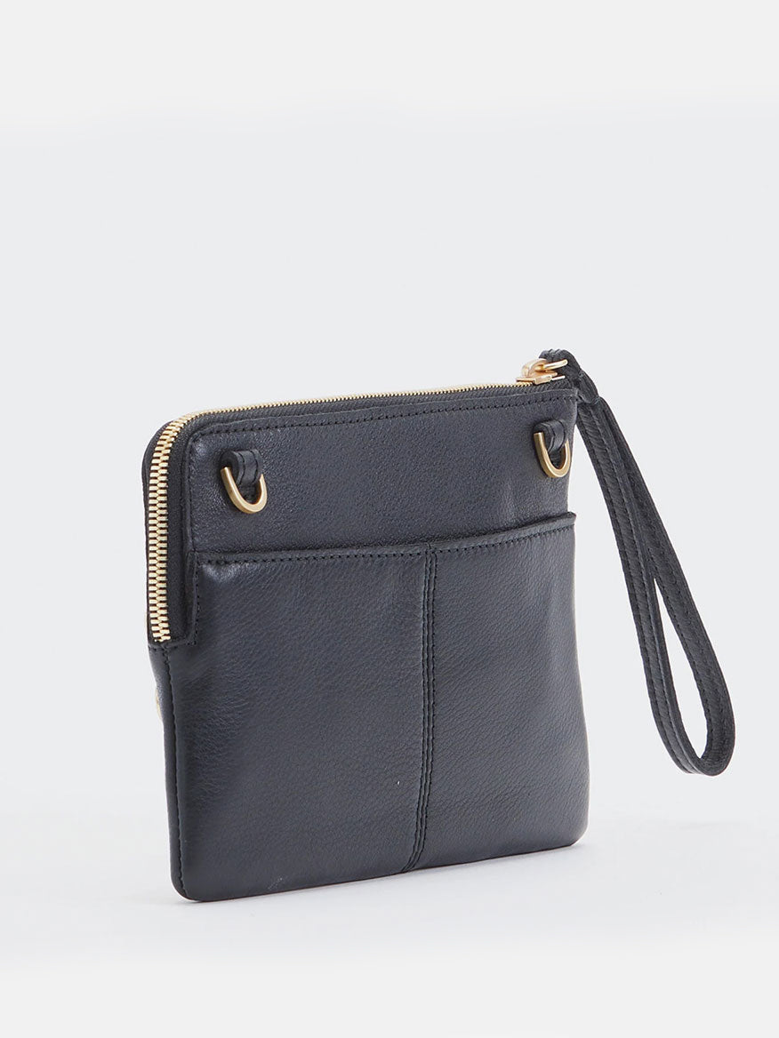 Hammitt Los Angeles Nash Small Clutch in Black with Brushed Gold and Red Zip features a black leather wristlet with brushed gold zipper and circular metal attachments, boasting an exterior pocket, wrist strap, and a removable crossbody strap for versatile wear.