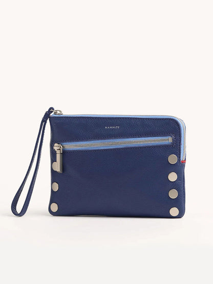 Hammitt Los Angeles Nash Small Clutch in Jazz Blues: Pebbled leather, convertible wrist strap, front zipper pocket, and metallic stud accents.