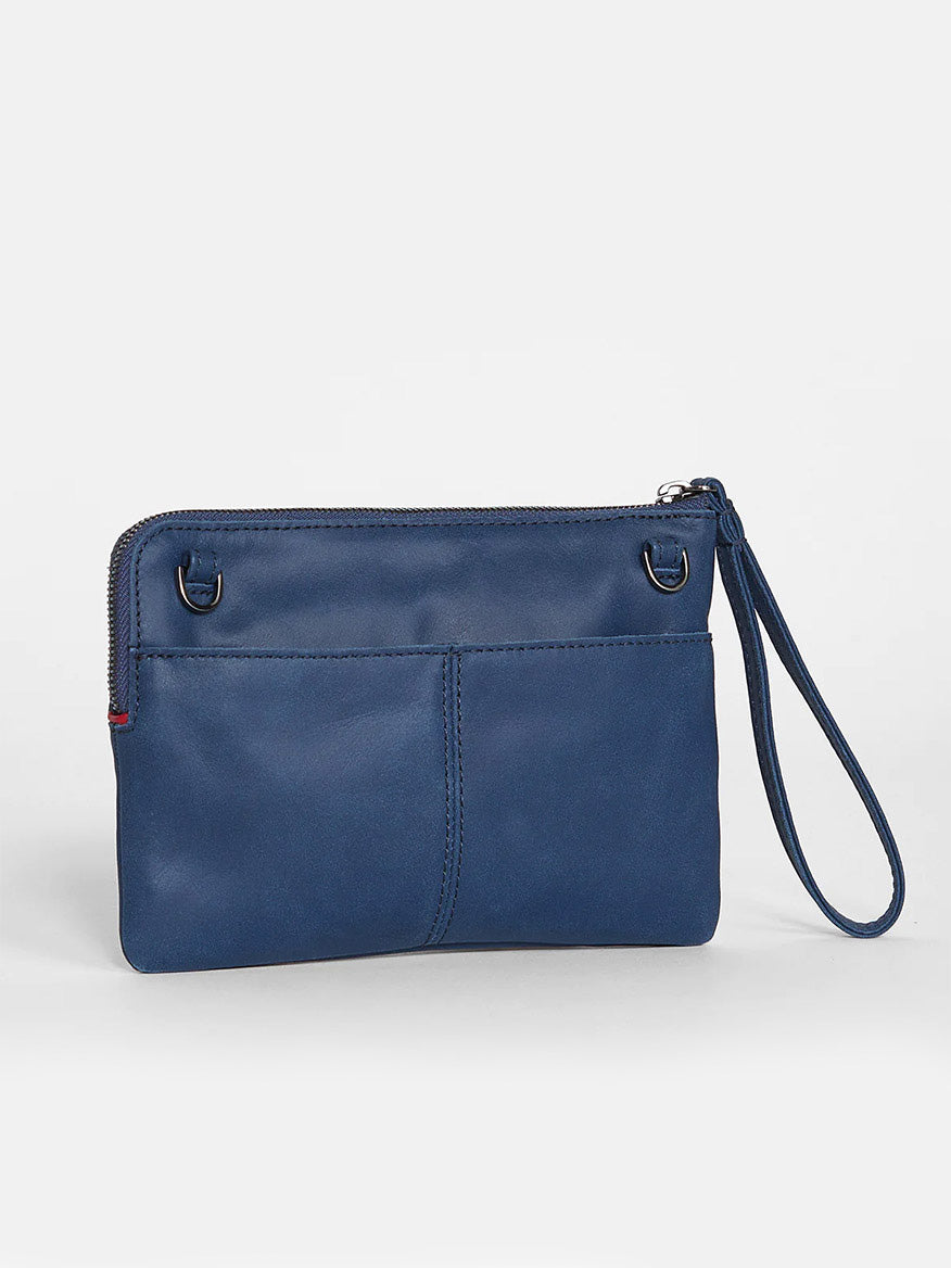 Navy blue Hammitt Los Angeles Nash Small Clutch in Vintage Navy with a zippered top and external pockets.